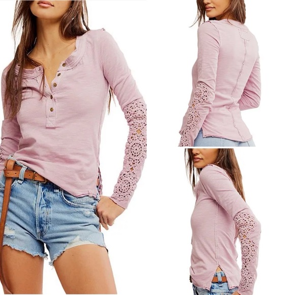Free People Tops - NWT Free People Our Song We The Free Henley Long Lace Sleeve Top- Pink